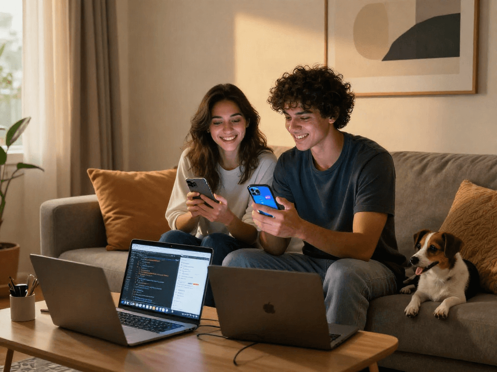 Engaging scene of a couple using girlfriend AI in their cozy living room