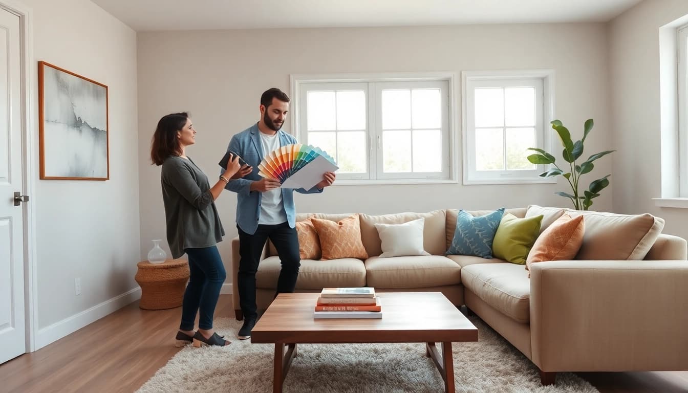 Home improvement consultation in a modern living room interior setting.