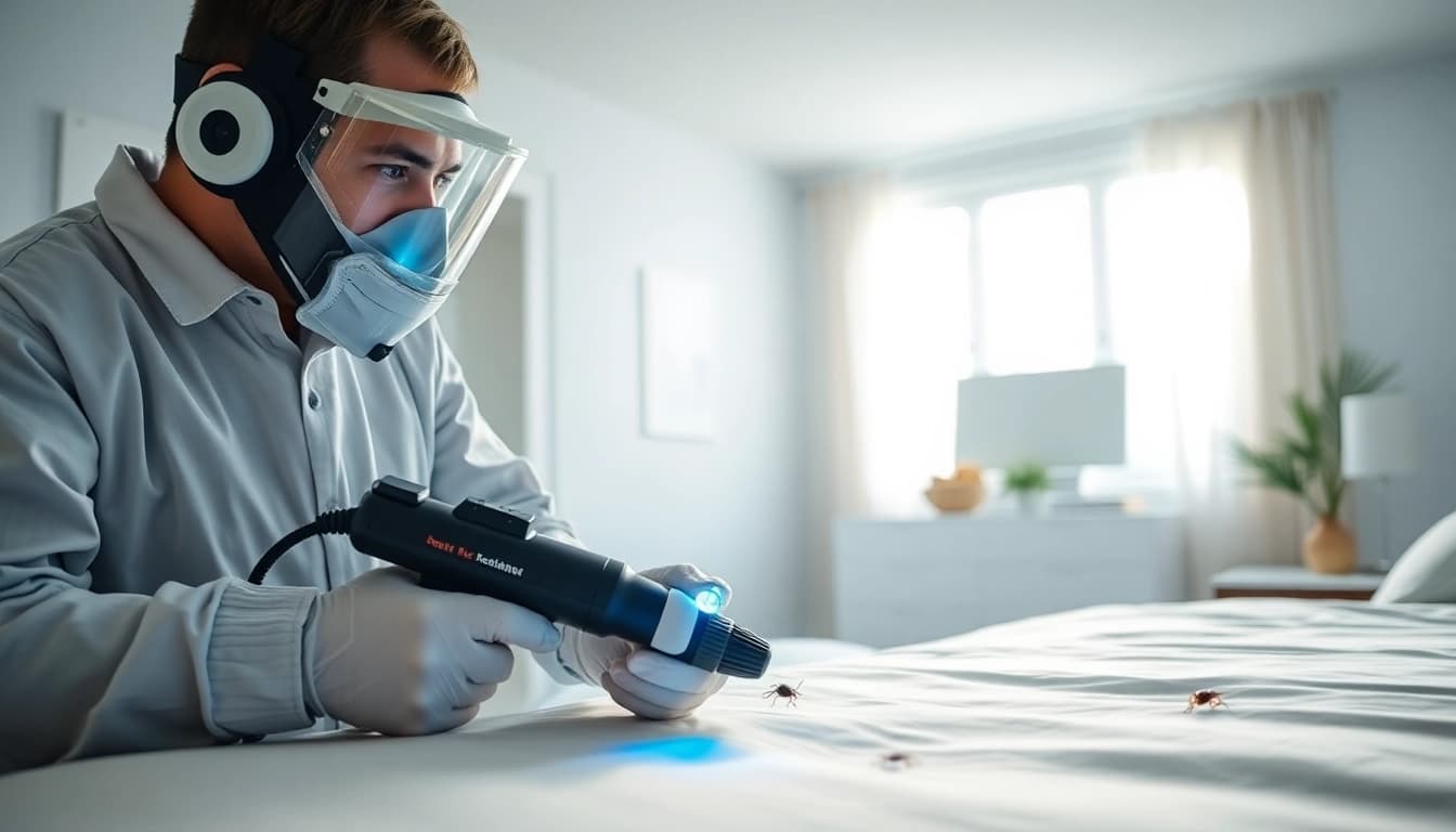 Bed bug exterminators inspecting a home with professional equipment, ensuring thorough treatment.