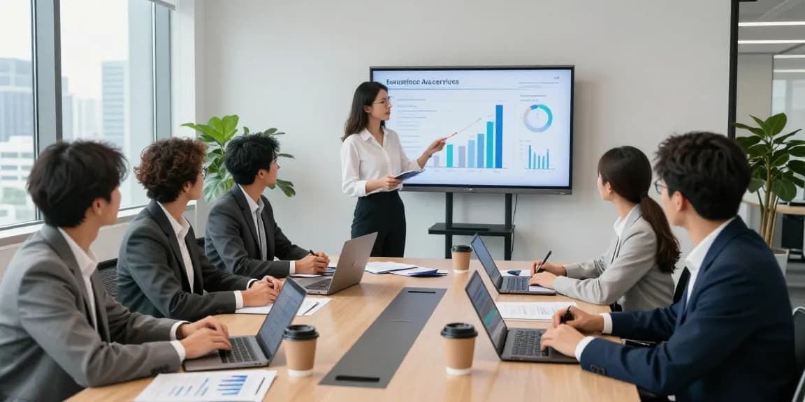 Audit Firms in UAE professionals collaborating in a modern office meeting, analyzing financial data and metrics.