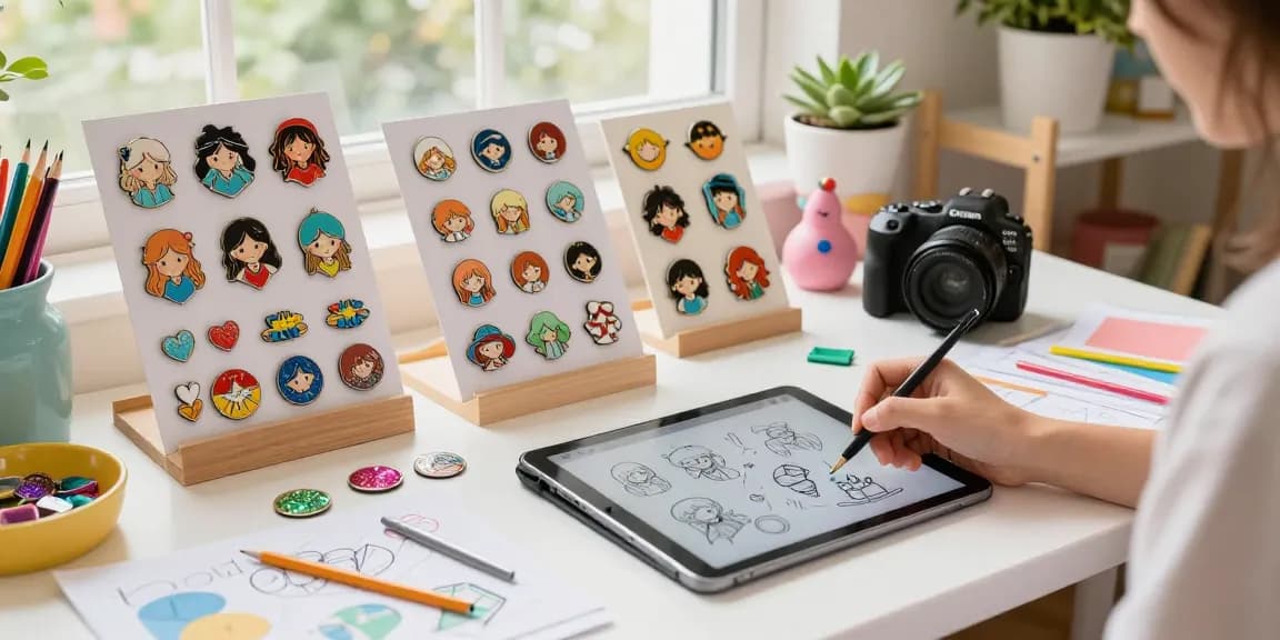 Creative workspace showcasing custom pins design with vibrant colours and materials, highlighting the artistry behind custom merchandise.