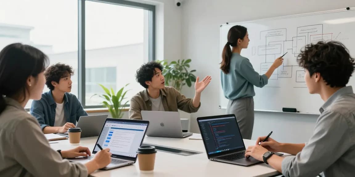 Team collaborating to build internal tools with AI in a modern workspace.