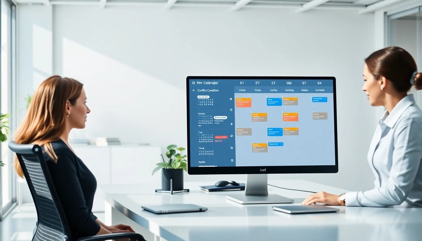 Visual representation of a digital calendar fixing conflicts automatically in a modern office.