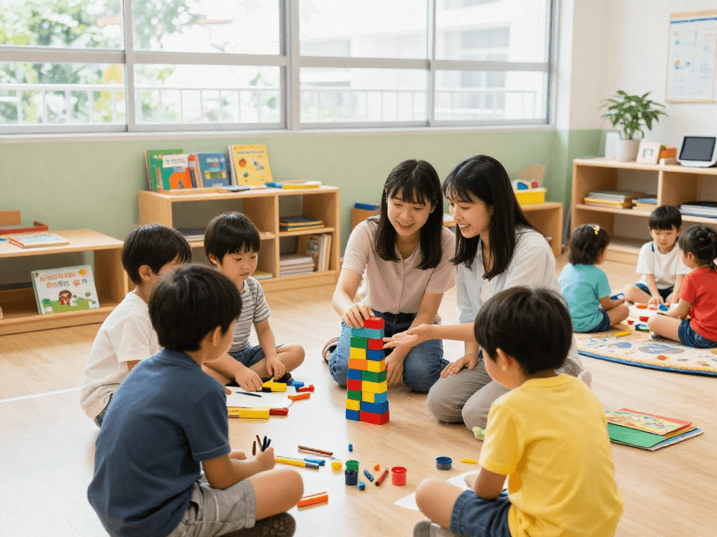Engaged children at a Singapore preschool, showcasing inquiry-based learning experiences in a vibrant environment, promoting multicultural education for シンガポール 幼稚園 日本人.