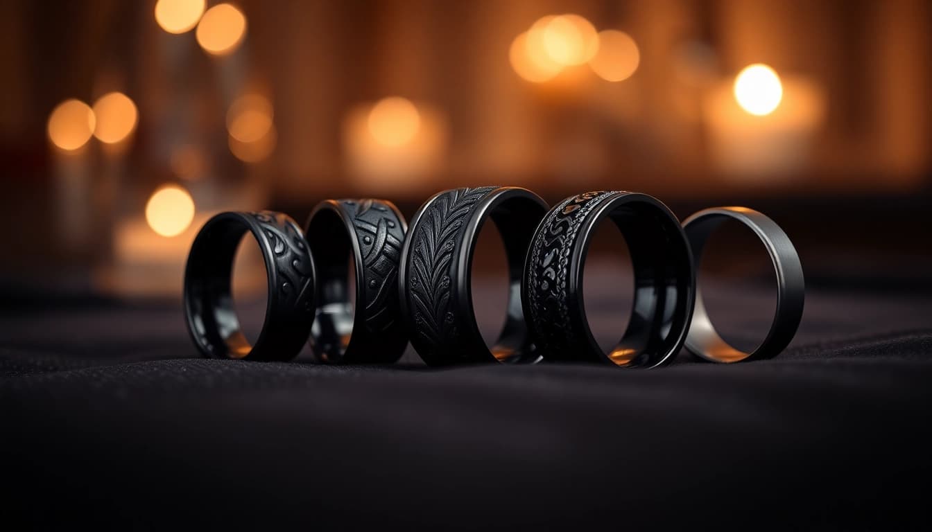 Show dark mens wedding bands displayed elegantly, showcasing their detailed craftsmanship.