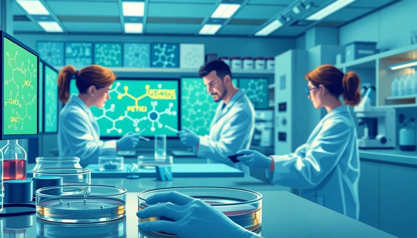 Researching peptide structures such as mt1 in a modern laboratory filled with high-tech equipment.