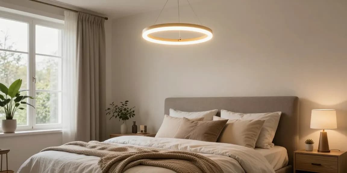 Lustra dormitor elegantă suspendată deasupra unui pat confortabil, creând o atmosferă primitoare și modernă.