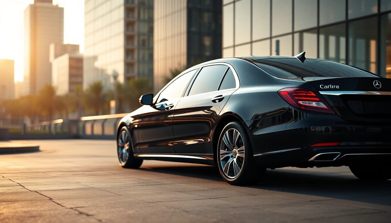 Experience luxury with black car service vehicle in a sophisticated urban setting.