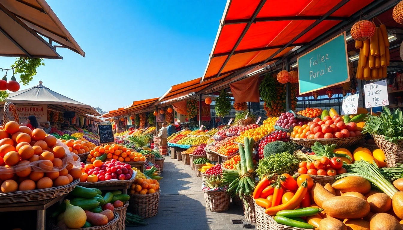 Showcase of fresh food varieties in a lively market setting, emphasizing Food choices.