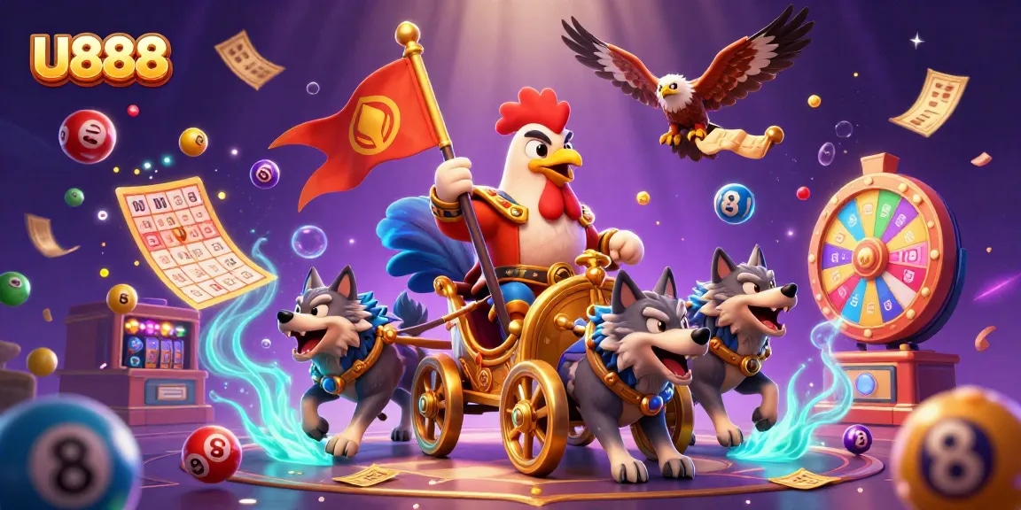 Engage with U888's vibrant lottery games while a rooster warlord leads a dynamic celebration of luck.