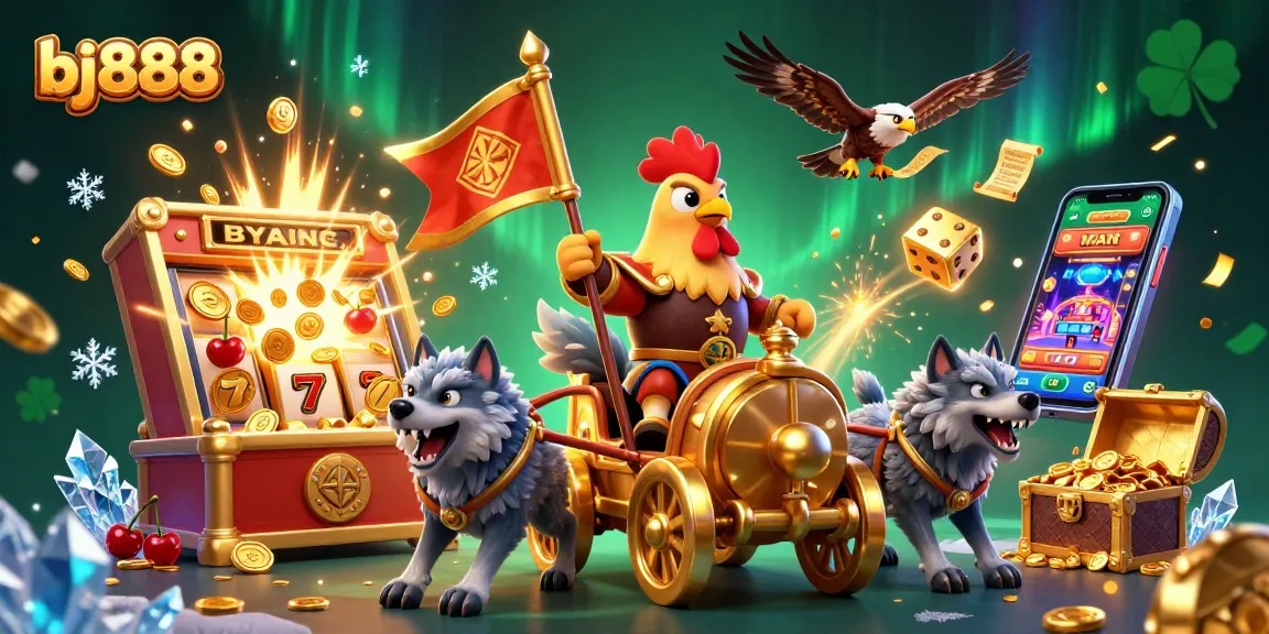 Bj888 offers thrilling gambling experiences with a 3D rooster warlord in an energetic casino scene.
