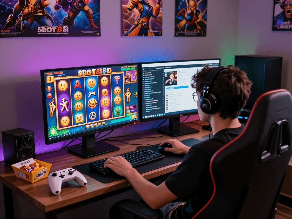 Pengalaman bermain slot88 yang mendebarkan dengan setup gaming modern dan cahaya LED yang menawan.