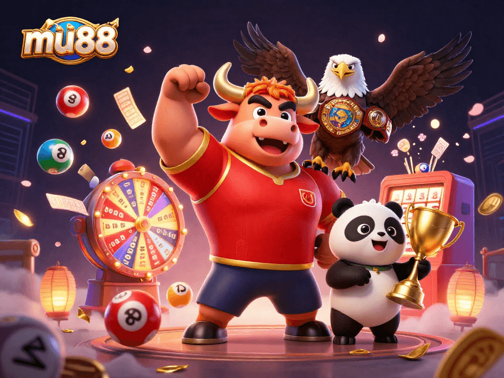 Win big with mu88 as the bull mascot celebrates amidst colorful lottery elements and gaming excitement.