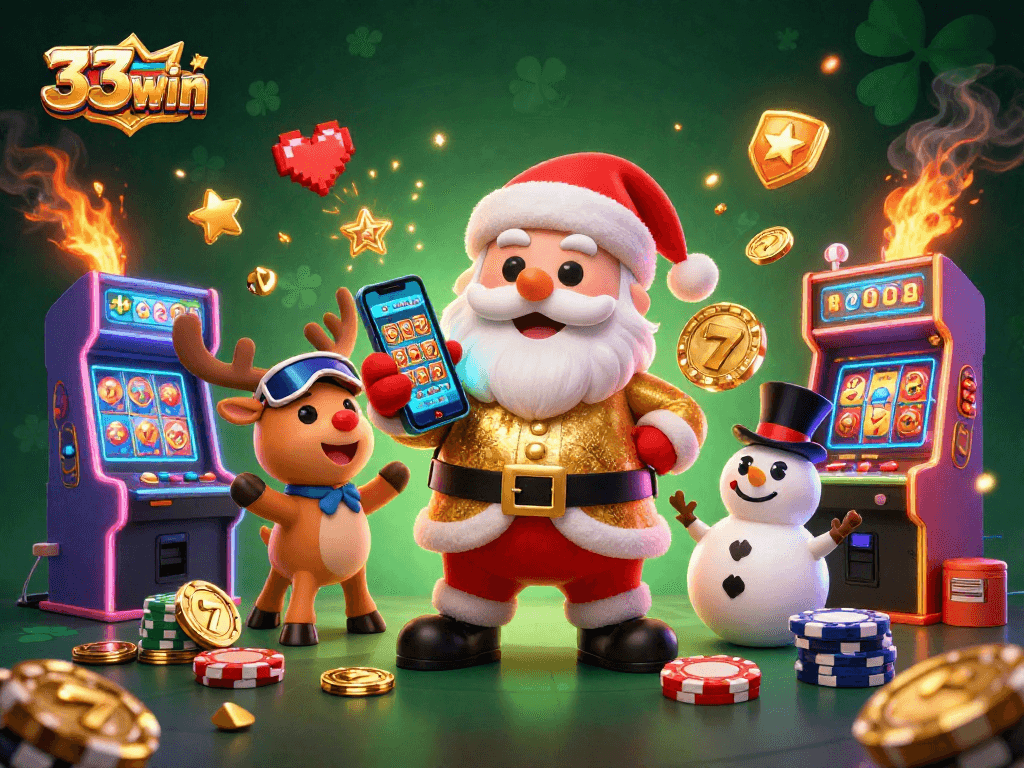 Experience the excitement of 33win casino with festive characters celebrating jackpot wins amid vibrant gaming machines.