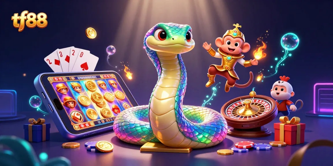 Experience thrilling gaming adventures with tf88's colourful and dynamic casino illustration featuring exciting elements.