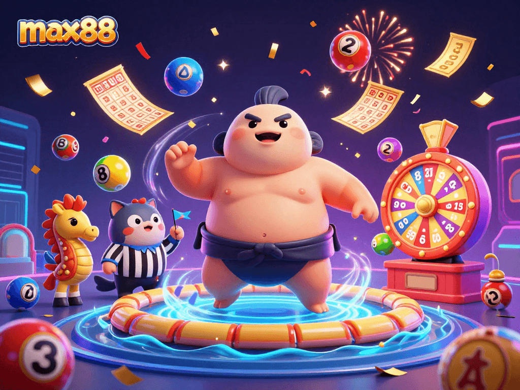 Engage with max88's vibrant lottery scene featuring a fugu in a sumo belt, catfish referee, and seahorses!