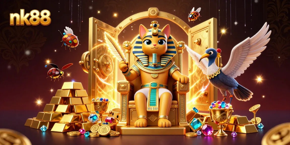 Experience the vibrant nk88 gaming scene with a pharaoh-inspired illustration filled with treasures.