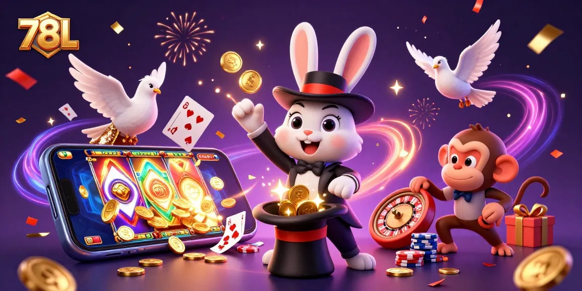 Visualize a cena festiva de cassino com o 78L, incluindo coelhos mágicos e jogos de slots vibrantes.