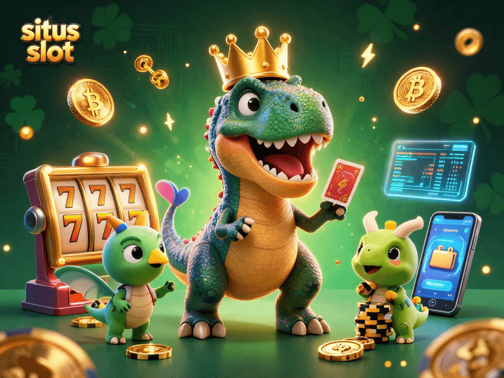 Mainkan situs slot dengan karakter lucu seperti T-Rex dan teknologi blockchain di latar belakang.