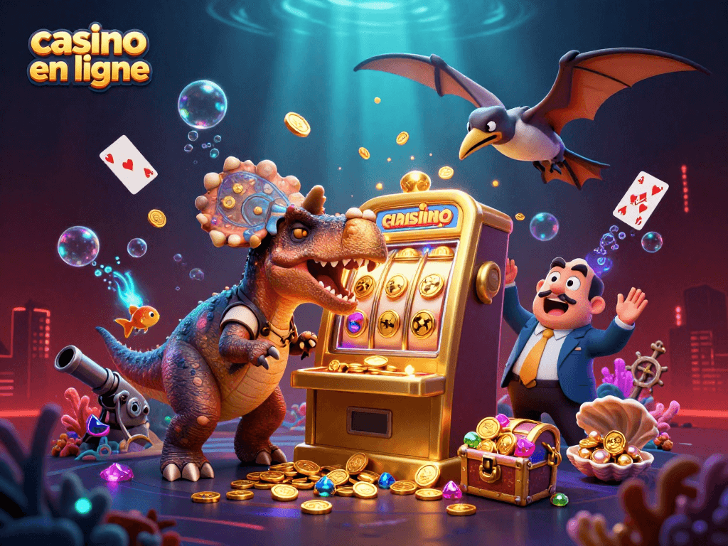 Le casino en ligne anime un affrontement coloré entre un pachycephalosaurus et une machine à sous dorée, pièces d'or tombant.