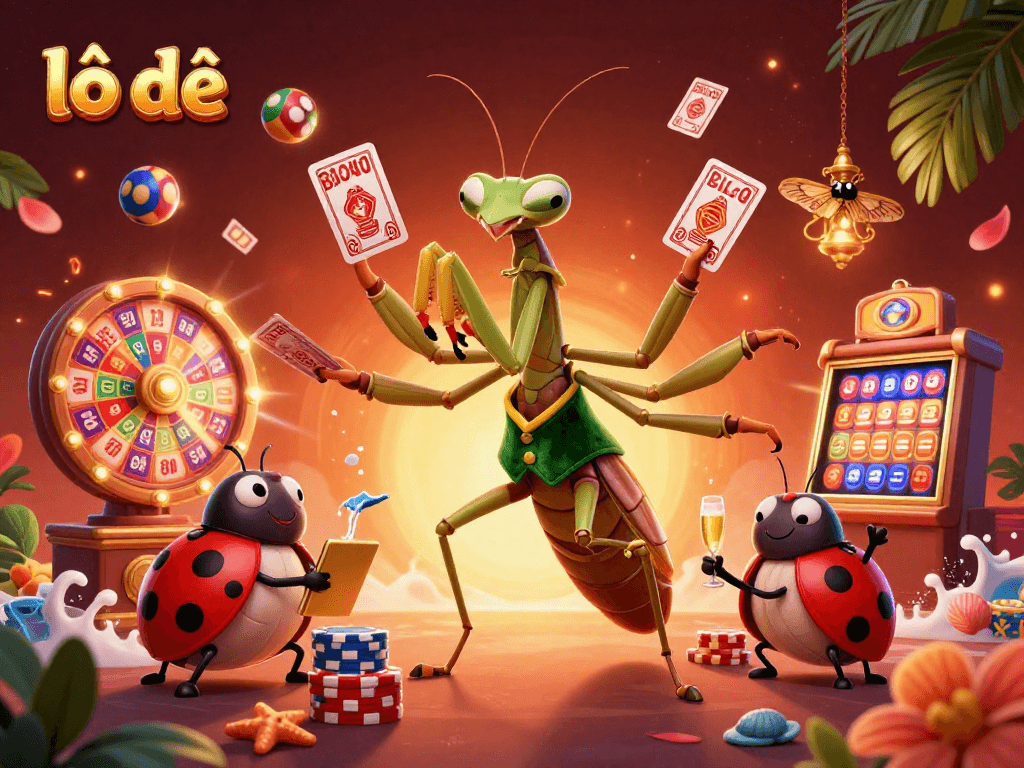 Engage in lô đề with a lively scene of a mantis card sharp and pit boss amidst lottery visuals.