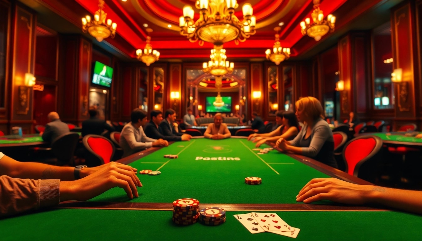 Budaya777 sebagai tema utama dalam suasana kasino yang elegan dengan meja poker dan pemain yang bersemangat.