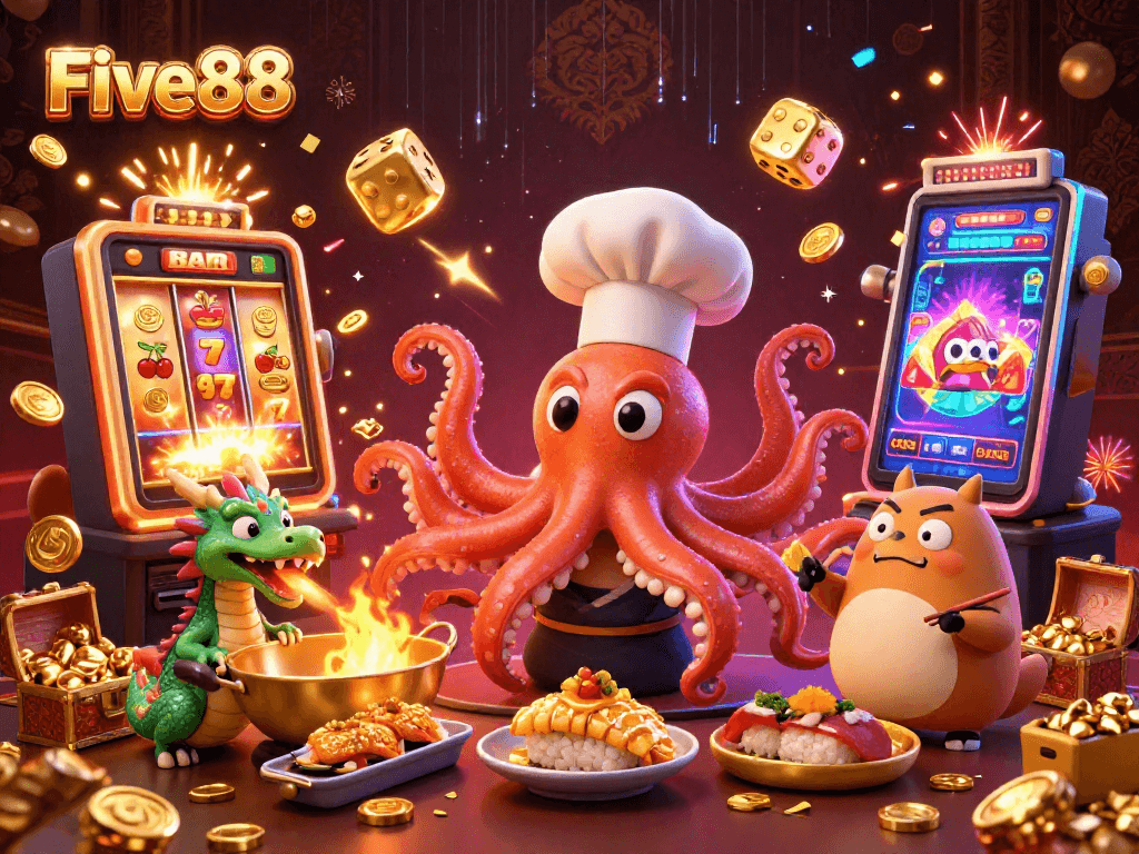 Play exciting games at Five88 with a vibrant scene featuring a sushi chef octopus and lucky symbols.