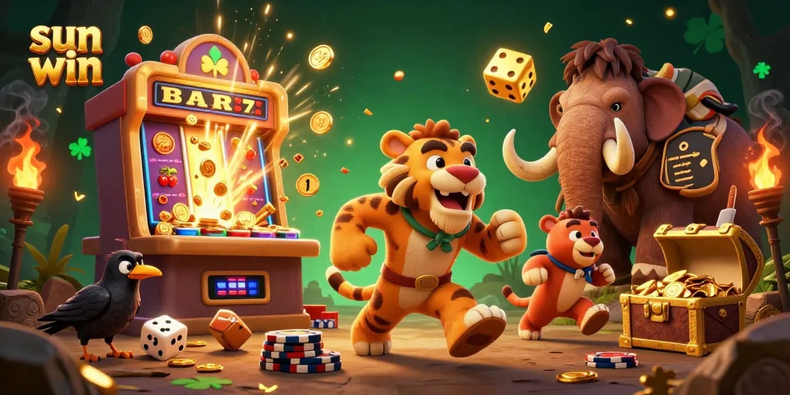 Experience excitement at sun win with a vibrant caveman casino scene featuring thrilling elements.