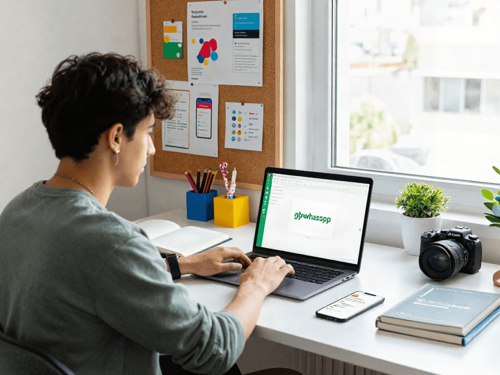 Developer working on gbwhatsapp app interface in a modern workspace with coding tools and vibrant decor