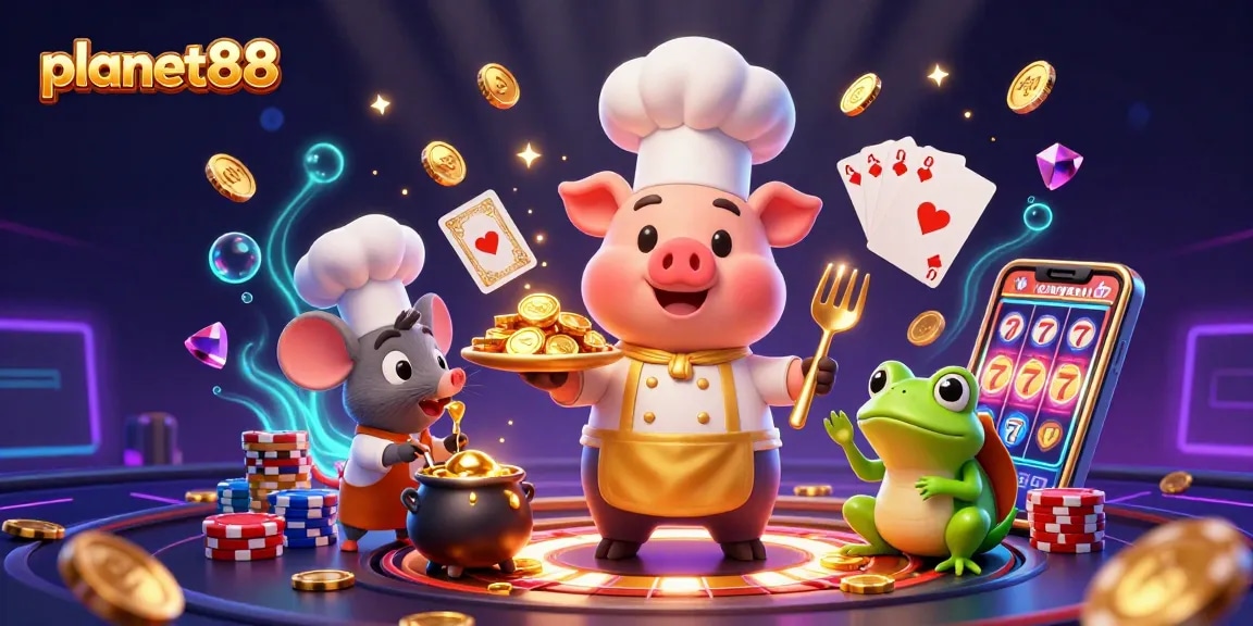 Play exciting games at planet88 with a cartoon chef pig serving gold coins and poker chips.