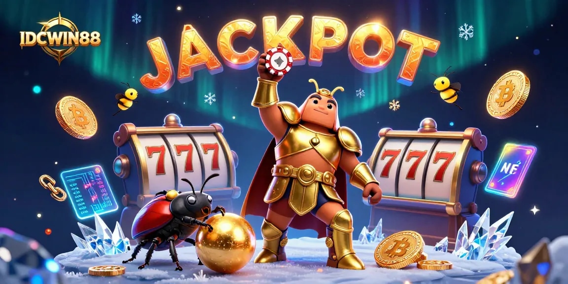 Engage with IDCWIN88's thrilling gaming experience through vibrant visuals of jackpot wins and crypto elements.