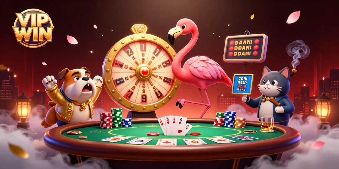 Cheerful contest at the VIP WIN casino game show, featuring a flamingo host and bulldog contestant amid poker games.
