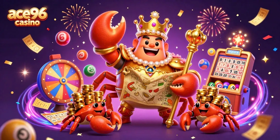 Experience the excitement of ace96 casino with a vibrant 3D scene featuring a golden crab emperor amidst lottery games.