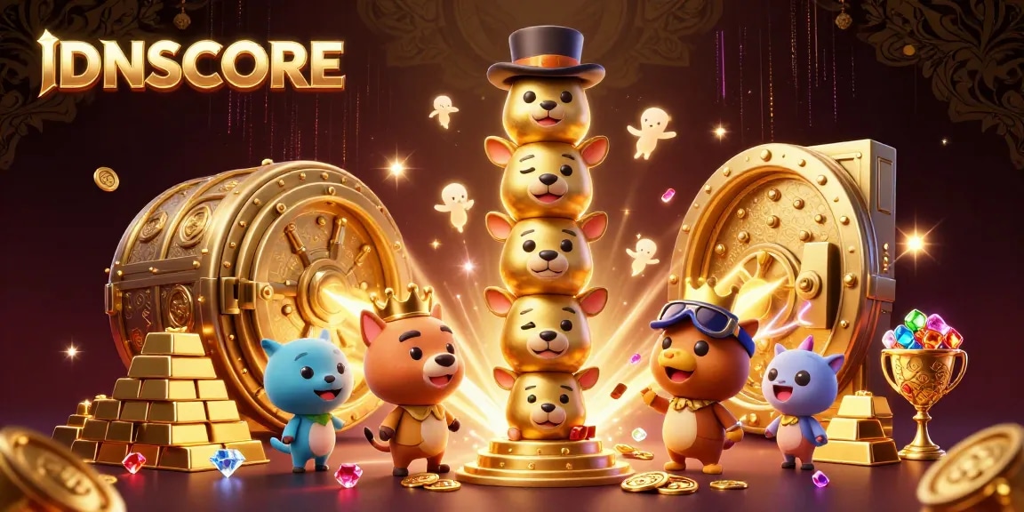 Engage with IDNSCORE in a vibrant 3D cartoon casino scene featuring golden treasures, lively animations, and exciting gaming elements.