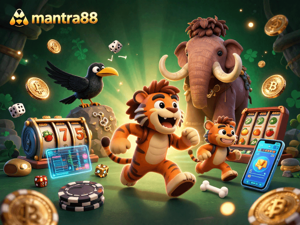 Engage in mantra88's vibrant gaming world with a prehistoric casino scene featuring crypto elements.