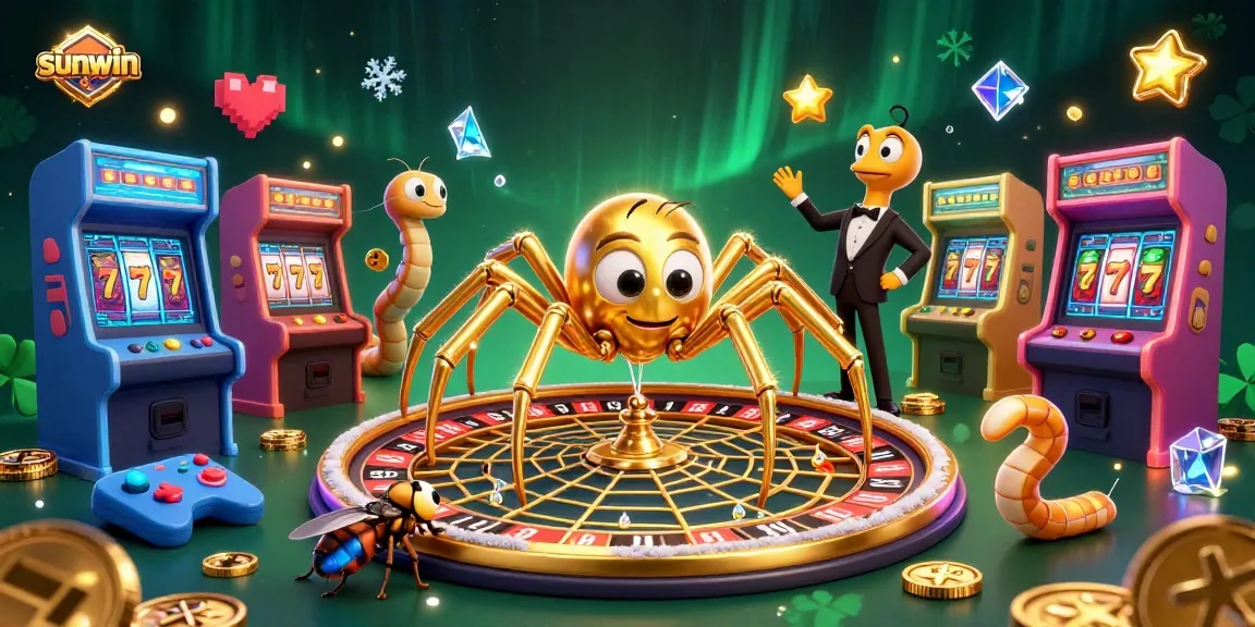Experience the thrill of sunwin as a golden spider spins a roulette wheel web in a vibrant casino scene.