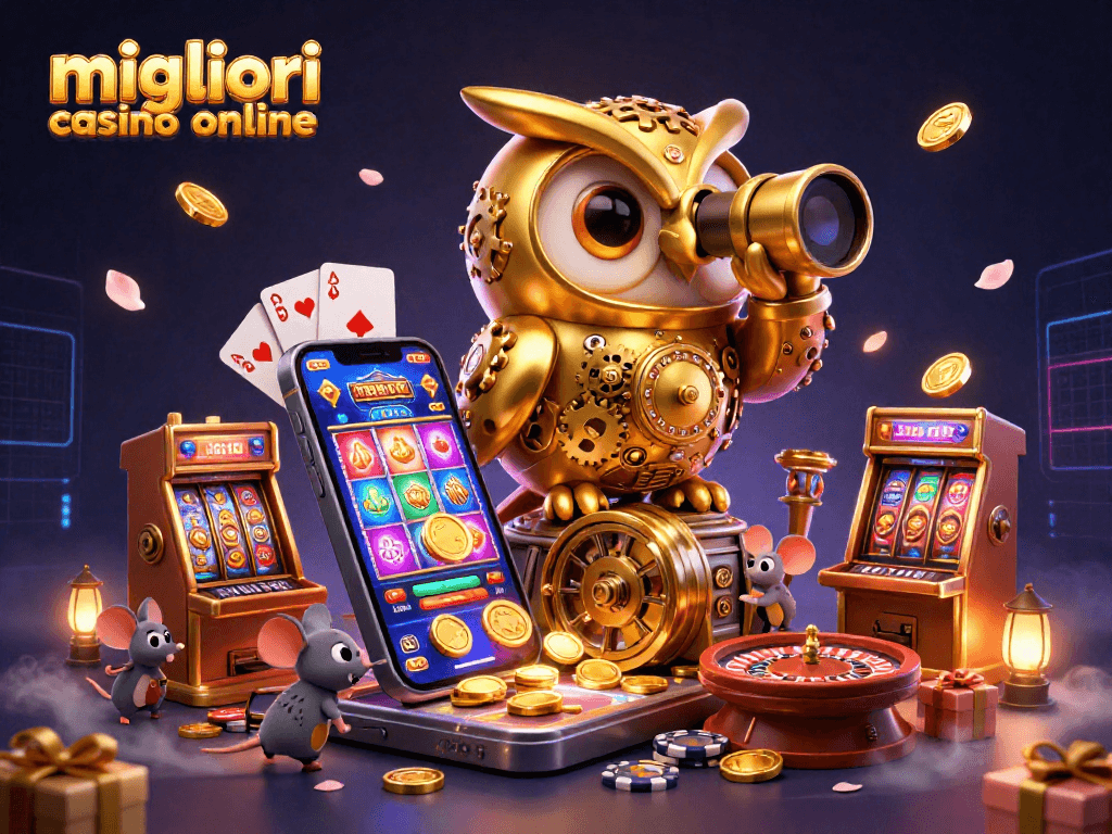Gioca nei migliori casino online con un gufo dorato e giochini di fortuna tra luci scintillanti.