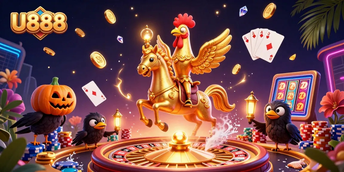 Engaging U888 illustration showcasing a golden rooster in a casino with lively game elements.
