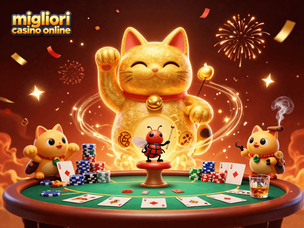 Gioca e vinci con i migliori casino online, vedendo un gatto fortunato e simboli di casinò interattivi.