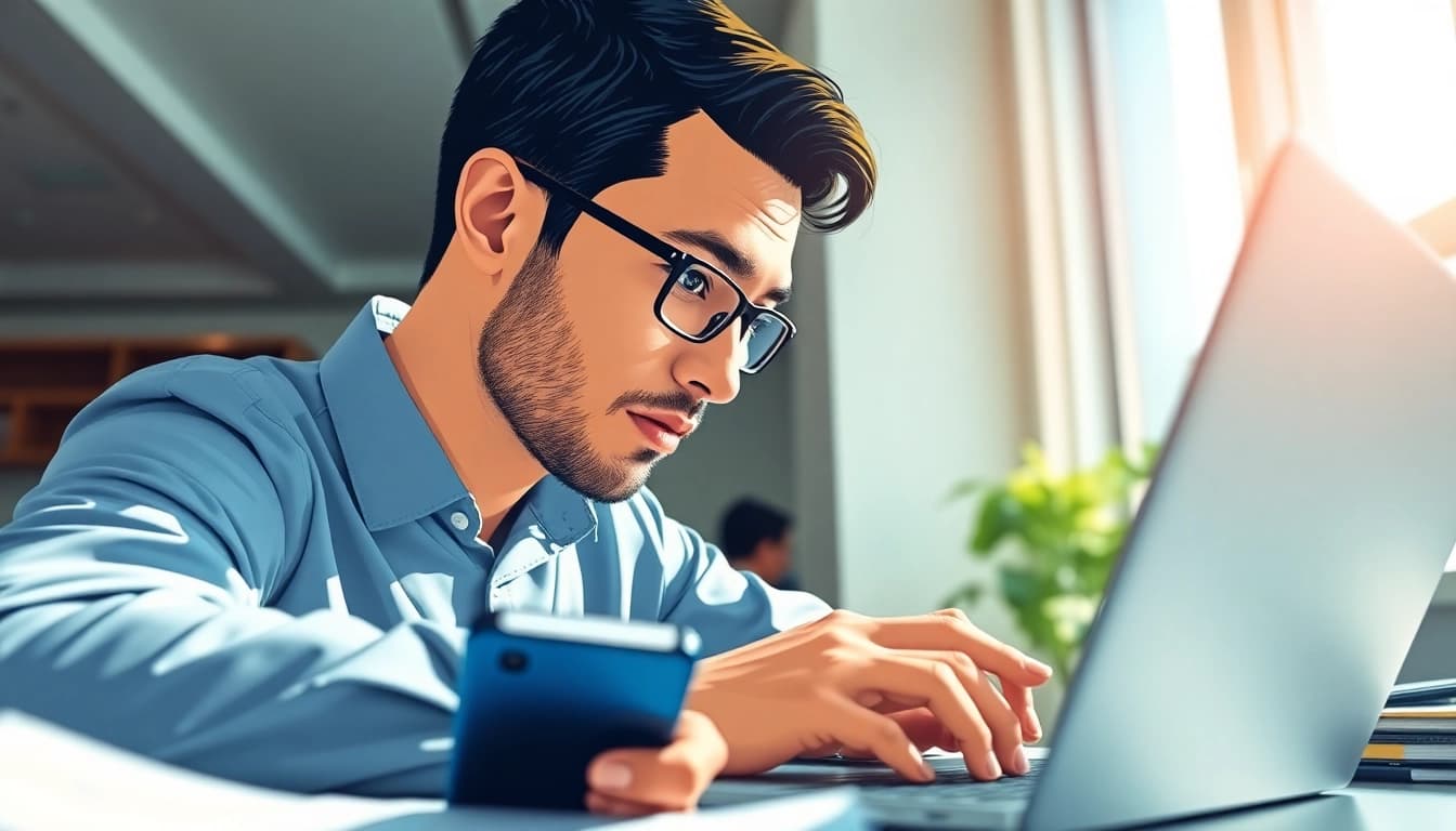 Engaging in a phone nr search while focused on a laptop, surrounded by modern office elements.