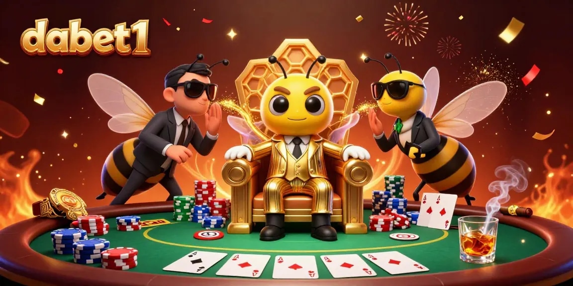 dabet1 showcases a vibrant 3D illustration of a poker scene featuring a bumblebee mob boss and wasp bodyguards.