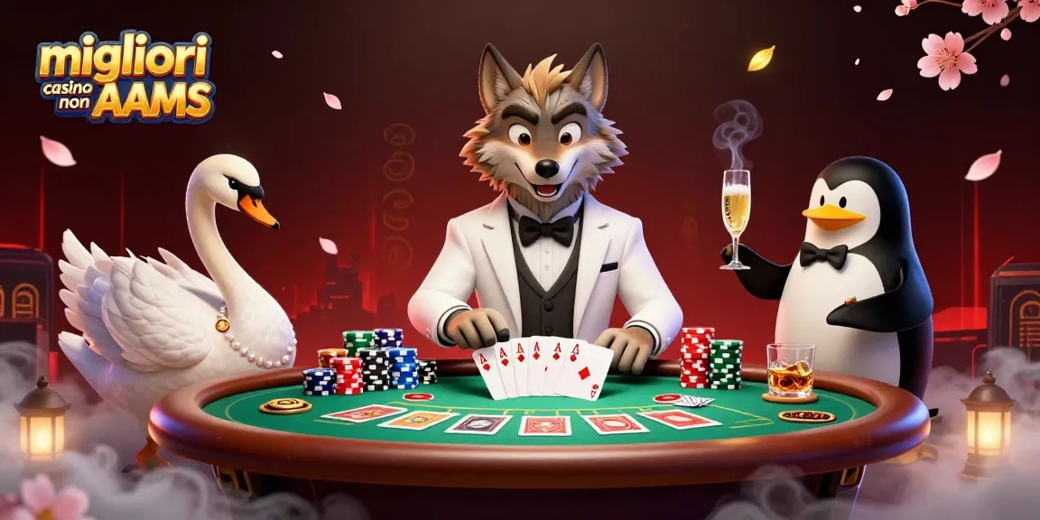 Giocando nei migliori casino non AAMS con un lupo elegante, un cigno e un pinguino che servono champagne.