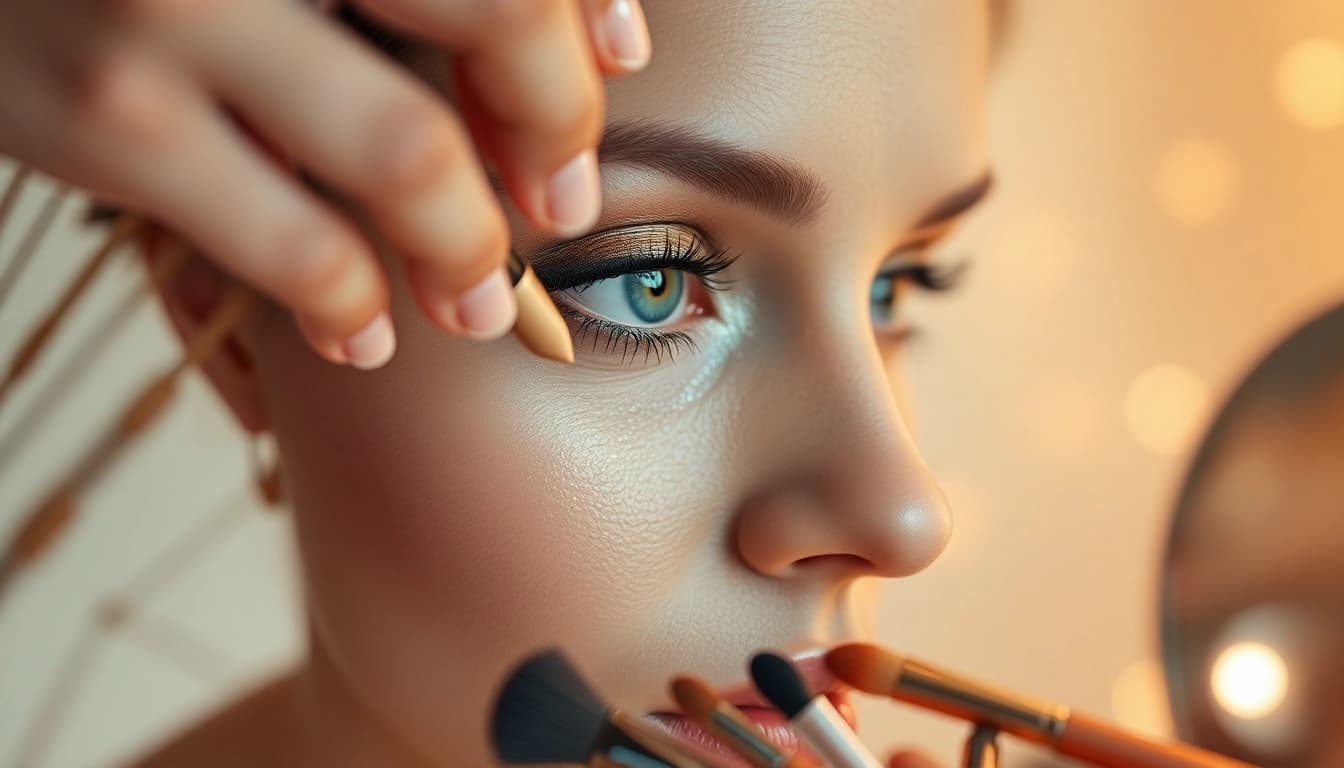 Apply champagne eyeshadow for a radiant and elegant eye look on a makeup model.