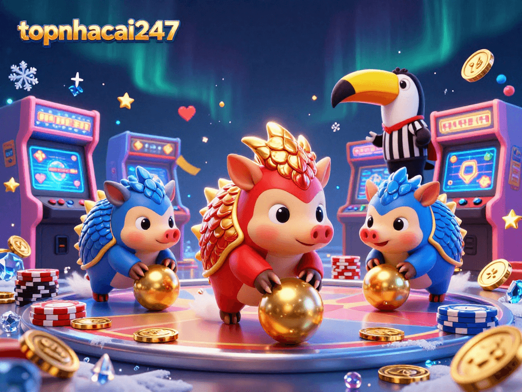 topnhacai247 features rival pangolins in colorful armor enjoying casino-themed gaming action.