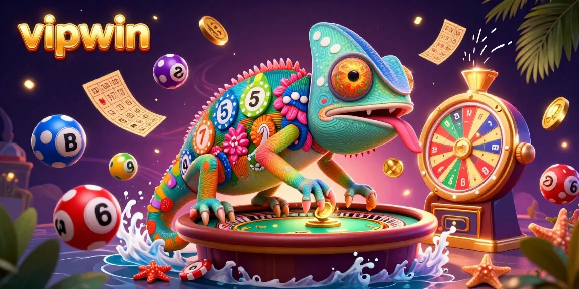 Engaging scene of vipwin's chameleon casino owner collecting coins among vibrant lottery elements in a lively casino.