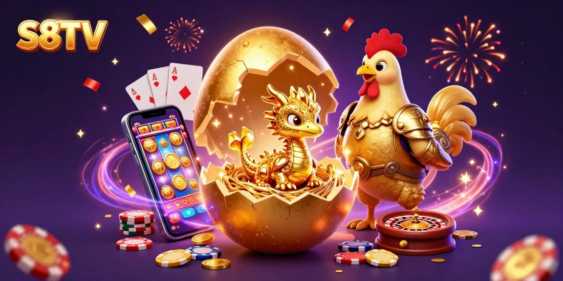 S8TV showcases vibrant action as a golden baby dragon emerges from a cracking egg atop poker chips.