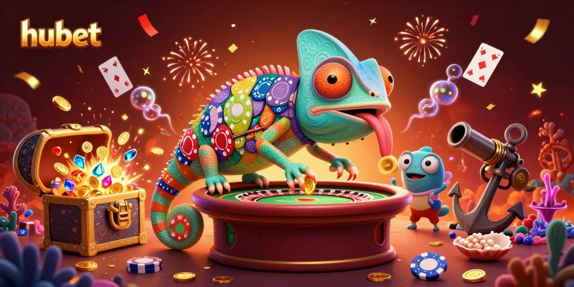 Engage with hubet's vibrant casino scene featuring a chameleon collecting golden coins.