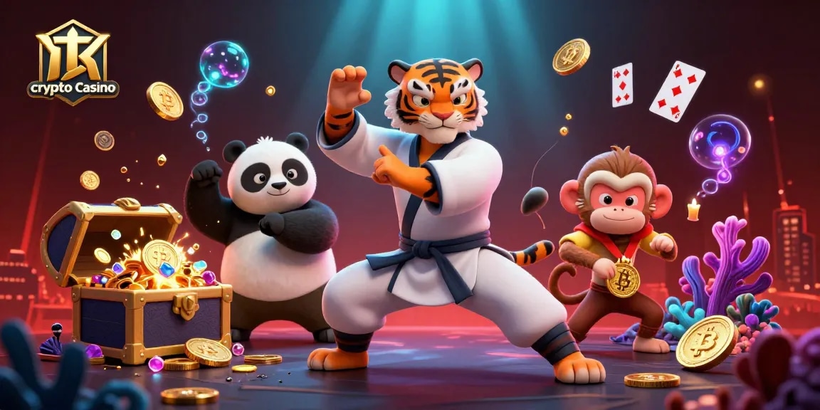 Profitez d'un jeu captivant et rapide sur le crypto casino avec nos personnages colorés dans une scène animée pleine de trésors.