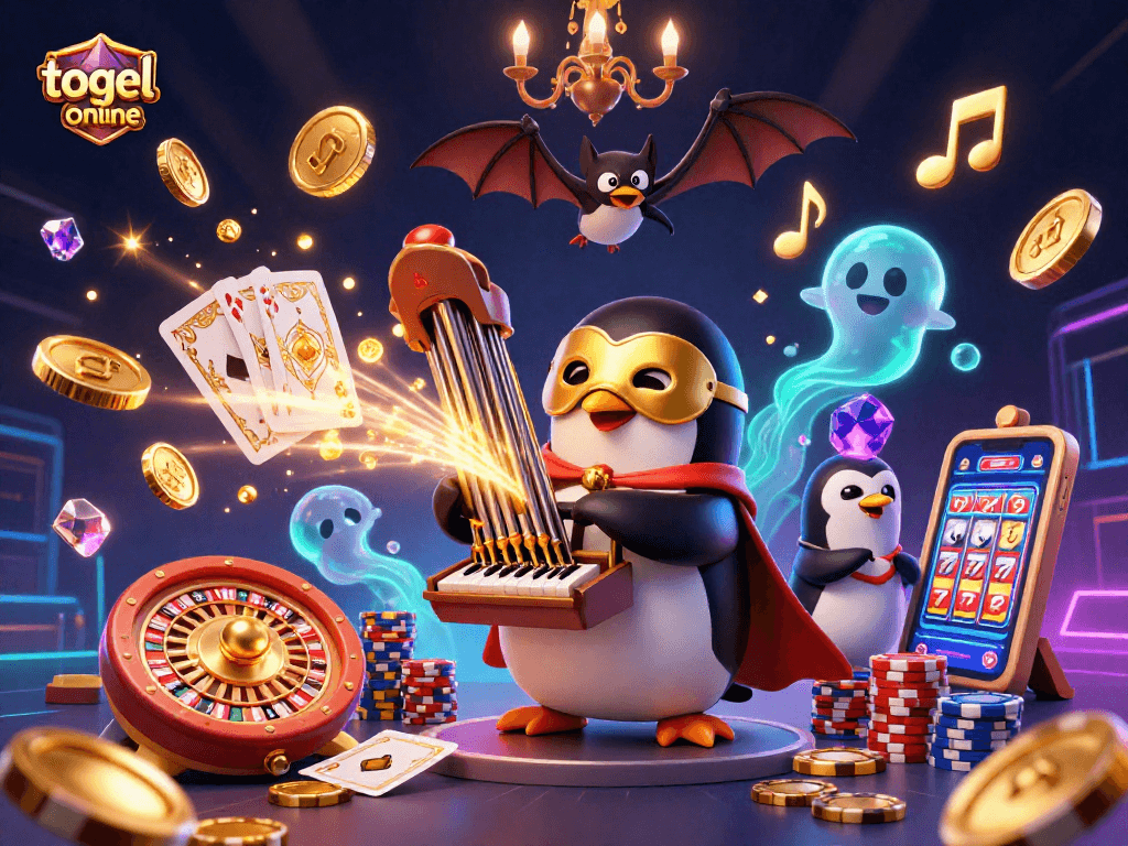 Engage with togel online gaming in a vibrant 3D cartoon scene featuring characters and casino elements.