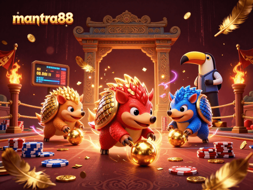 Engage with excitement at mantra88 as playful pangolins roll golden balls in a vibrant casino scene.